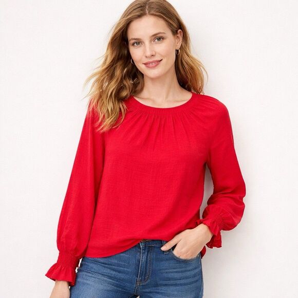 LOFT Tops - LOFT Red Blouse Womens Medium NWT Peasant Top Smocked Sleeve Stretch Lightweight